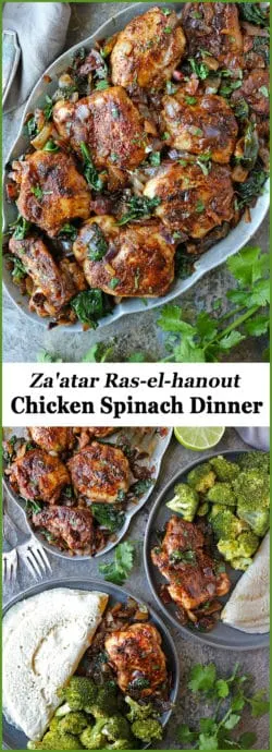 Middle Eastern herb mix, Za’atar, mingles with Middle Eastern spice mix, Ras El Hanout, in this 6-ingredient, keto, taste-bud tantalizing, and, super easy Chicken Spinach Dinner.