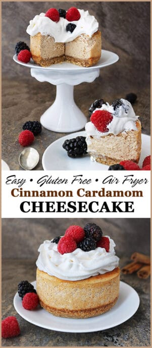 Sitting on a cinnamon and cardamom flavored almond base, this easy, gluten free, mini, Air Fryer Cinnamon Cardamom Cheesecake is deliciously creamy ~ serve it up with fresh berries and whip cream for a treat your family and friends will love.