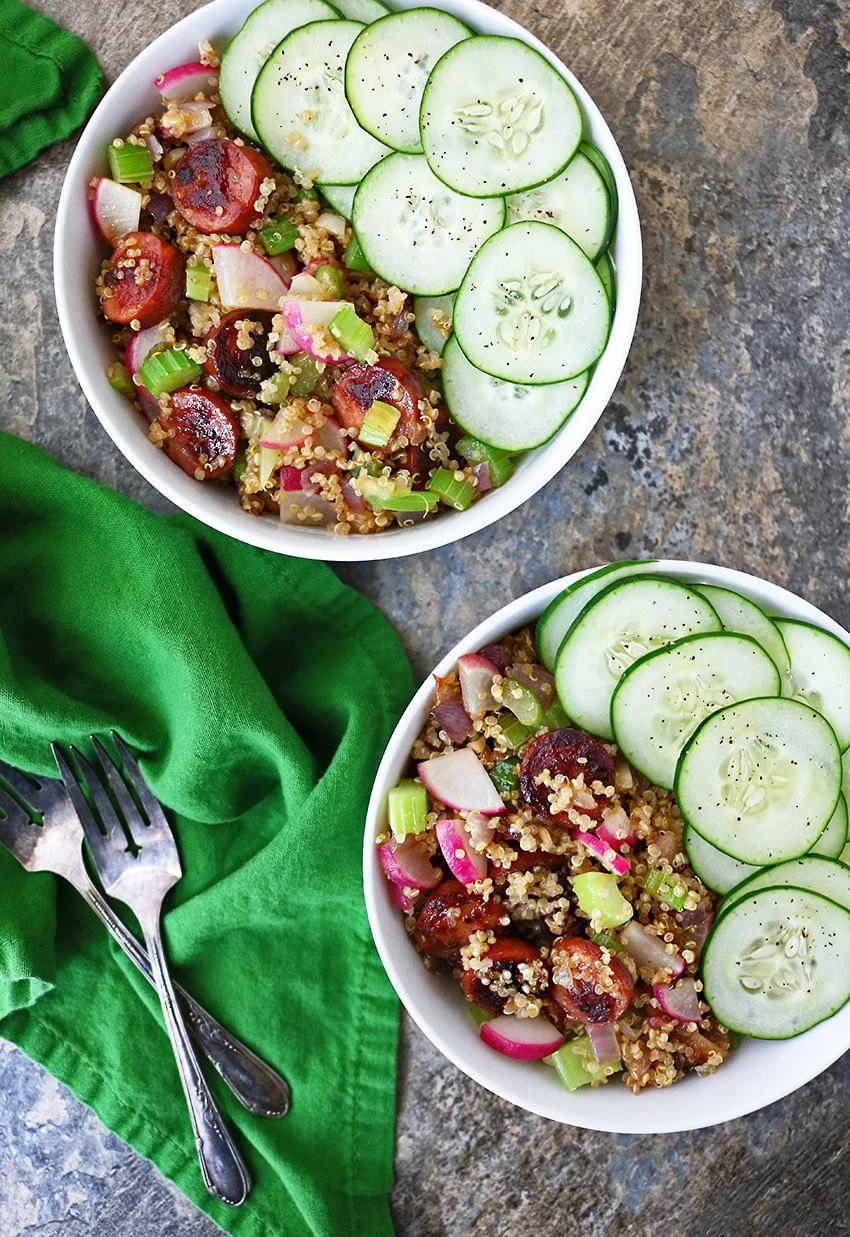 This Radish Sausage Quinoa Salad is not only easy to pull together, but it doesn’t require any elaborate measurements either - it is flavor packed and on your dinner table in less than 30 minutes! 