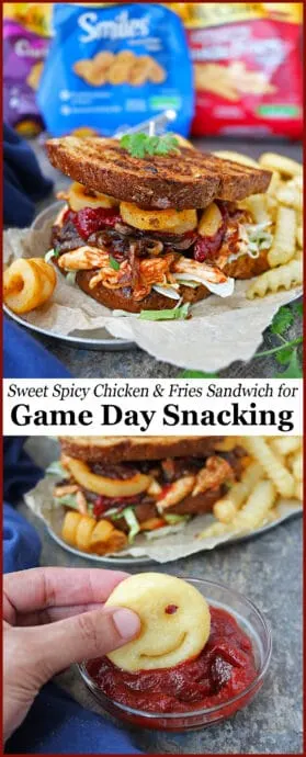 This piled-high Sweet Spicy Chicken Fries Sandwich has shredded lettuce, tender shredded chicken caramelized onions, crispy mushrooms, McCain® Seasoned Curly Fries Seasoned Potato Fries, and McCain® Smiles® Mashed Potato Shapes.