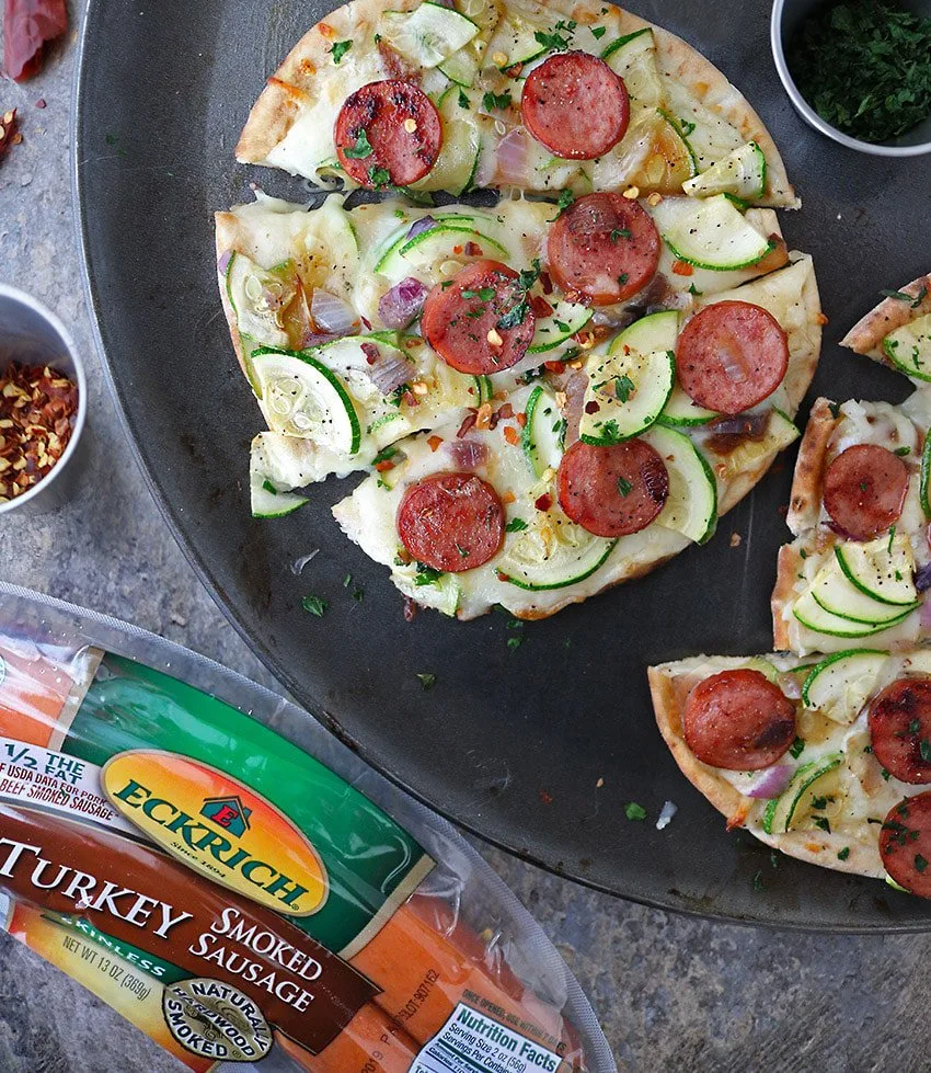 Easy and delicious Sausage Zucchini Flatbread with Eckrich Turkey Sausage