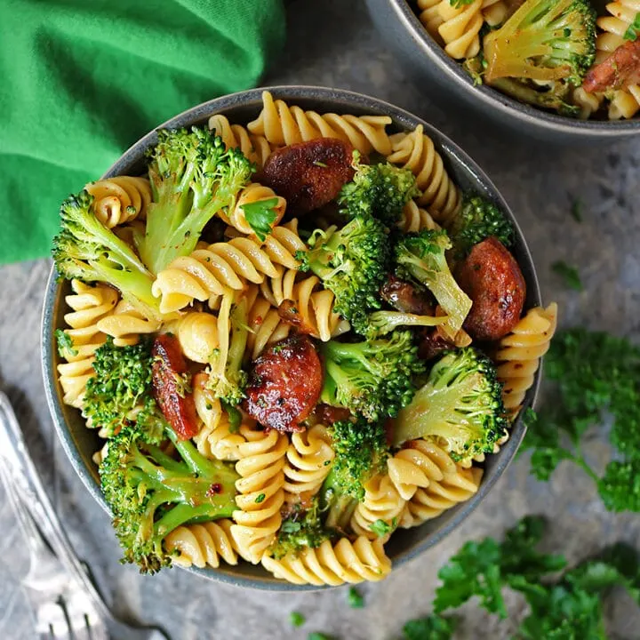 Easy, gluten free, Spicy Broccoli Sausage Pasta for dinenr or lunch.