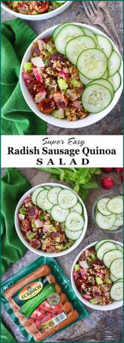 #ad This Radish Sausage Quinoa Salad is not only easy to pull together, but it doesn’t require any elaborate measurements either - it is flavor packed and on your dinner table in less than 30 minutes! #RebelWithoutACookbook #EckrichMeats