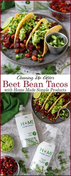 #ad I heart beets so I made these HeartBeet Bean Tacos!  Beetroot and Pinto Beans are sautéed in onions, ginger, garlic and a tasty blend of spices, piled onto tacos and topped off with creamy guacamole in these tasty (yet messy), vegetarian HeartBeet Bean Tacos! But, beets are messy! They manage to get everywhere and stain everything. And, that’s where @homemadesimple Line of plant-based cleaning Products come in to help! #HomeMadeSimple products can be found at most @Walmart stores #WalmartFinds  Find out more about Home Made Simple here http://spr.ly/savoryspinHMS
