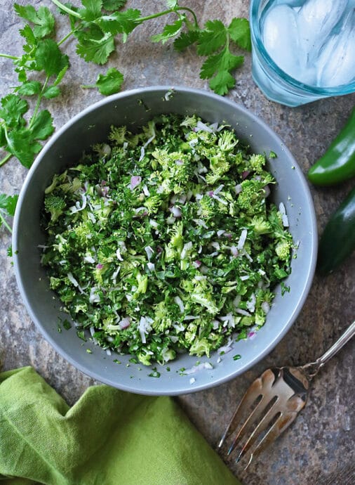 Cilantro, Broccoli and Kale are the stars of this delicious, easy, Broccoli Kale Cilantro Sambol (Salad).