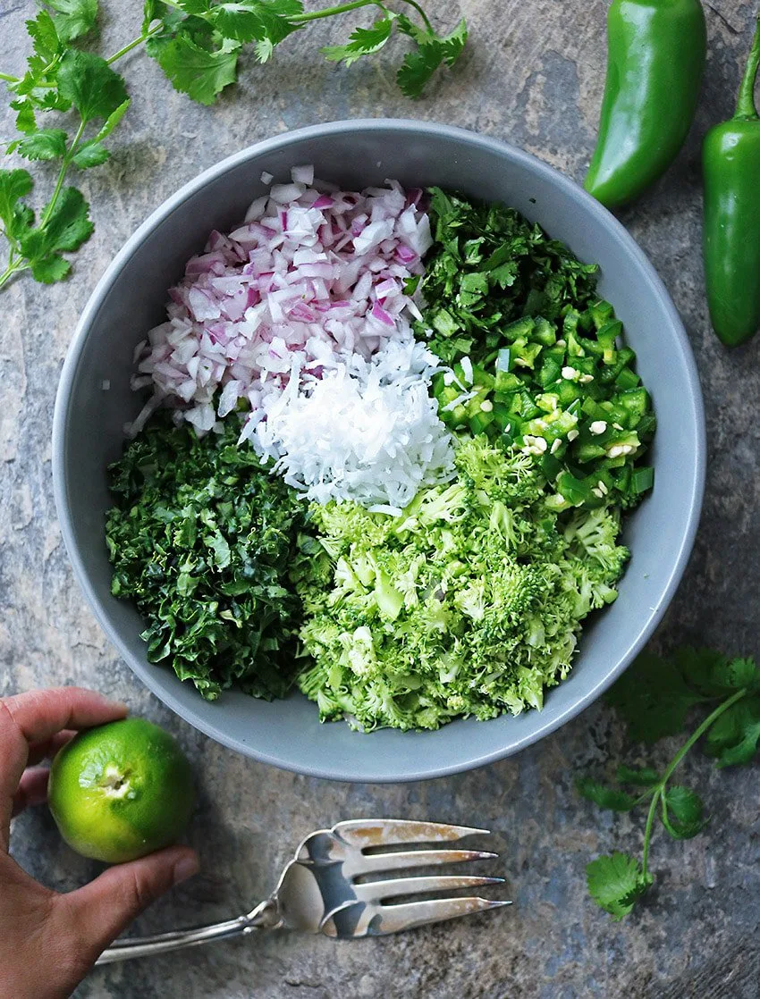 Making Broccoli Kale Cilantro Sambol / Salad 