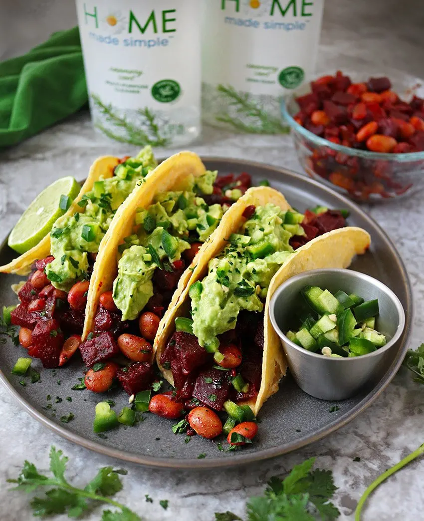 We love these Easy Messy Vegan HeartBeet Bean Tacos.