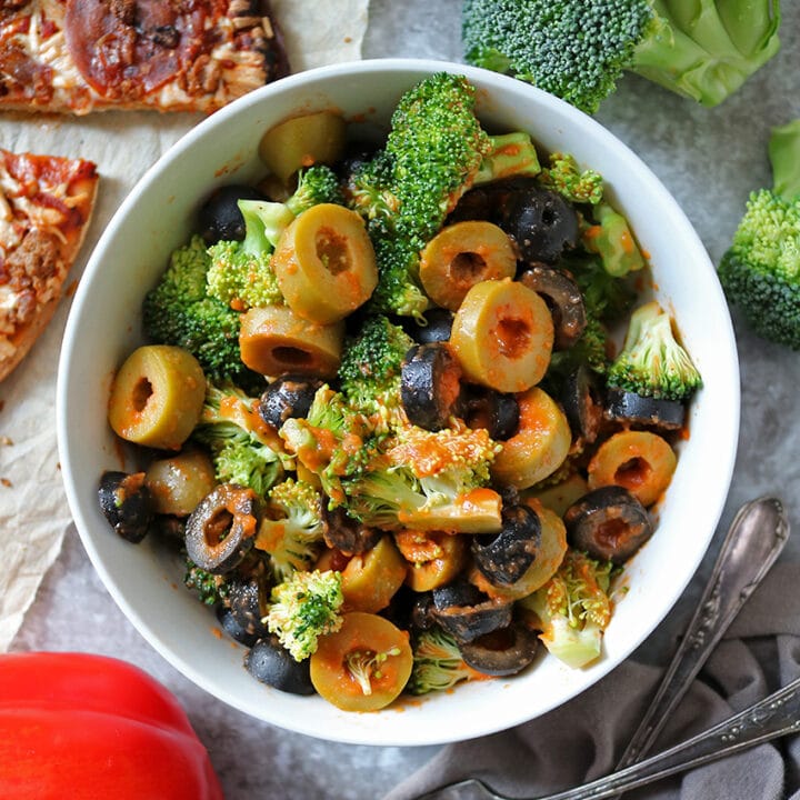 Broccoli Olive Salad with Roasted Red Pepper Dressing