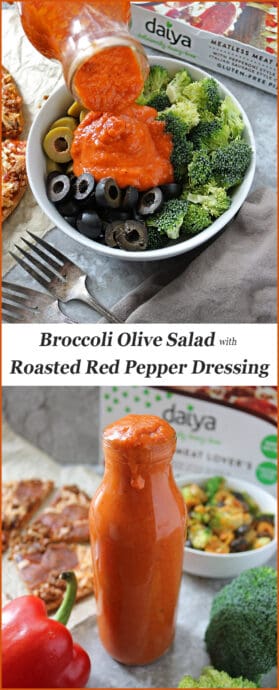 Easy Brocoli Olive Salad with Roasted Red Pepper Dressing #Livinontheveg