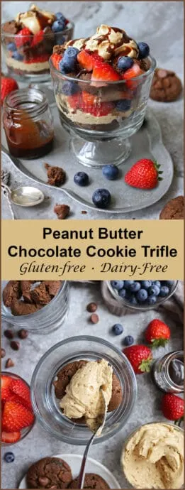 Peanut butter chocolate lovers unite  as I have a summertime treat for you! Get your spoons out,  and let’s dig into this Peanut Butter Chocolate Cookie Trifle with layers of creamy peanut butter whipped topping, strawberries, blueberries, chocolate sauce and gluten- free Peanut butter chocolate cookies