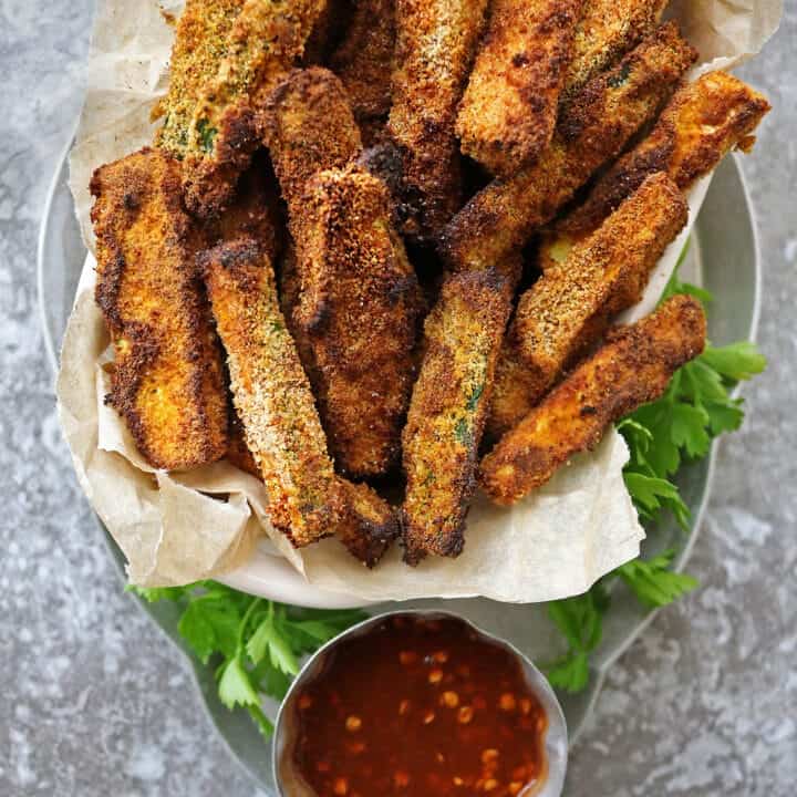 Gluten Free Air Fryer Zucchini Fries on a tray.