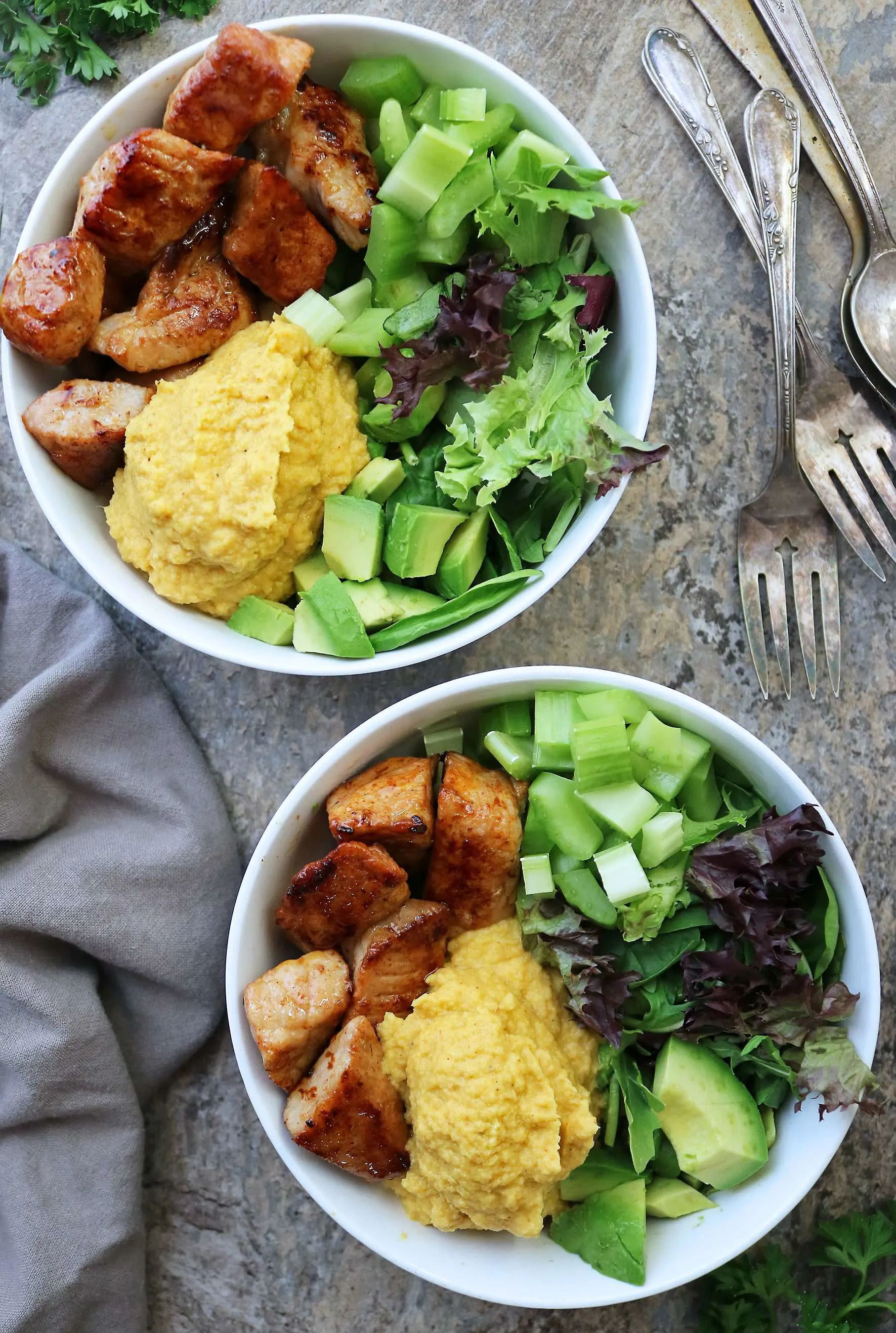 Turmeric Cauliflower And Smithfield Applewood Bacon Pork Tenderloin Bowls for dinner.