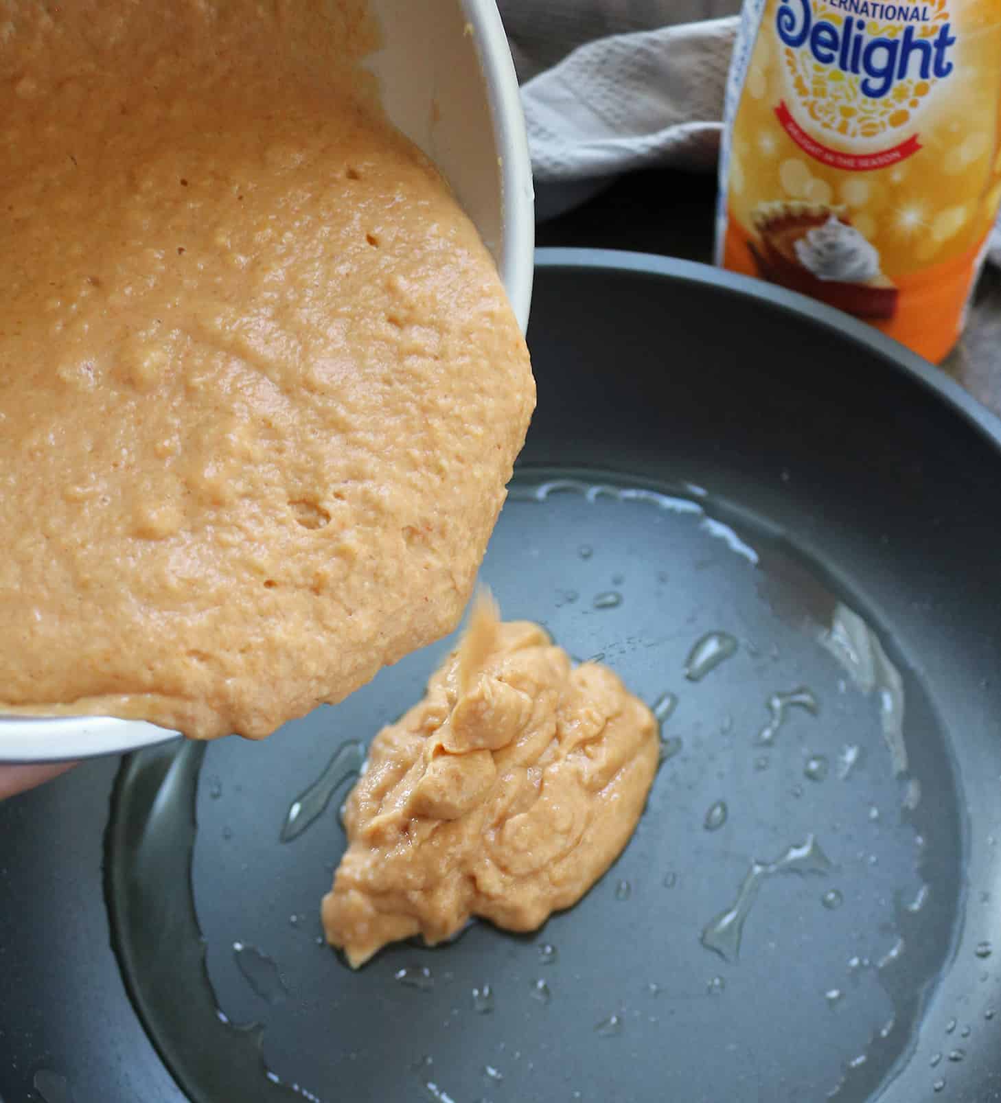 Adding No Flip Pumpkin Spice Pancake Batter To Pan