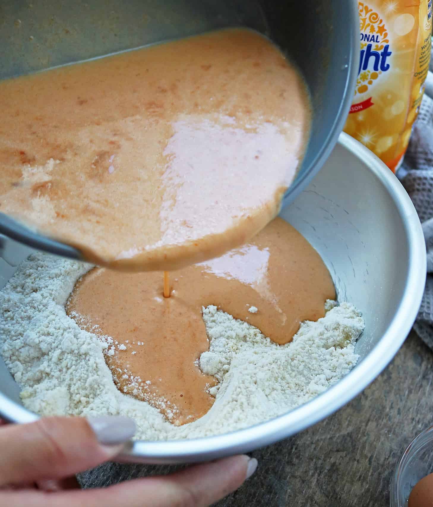 Mixing Wet Ingredients Into Dry Ingredients For No Flip Pumpkin Spice Pancakes