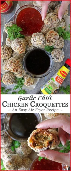 Serve up these flavor-packed, air fried, quick and easy Garlic Chili Chicken Cutlets/Croquettes at your next get-together or whip them up for a movie night or just because