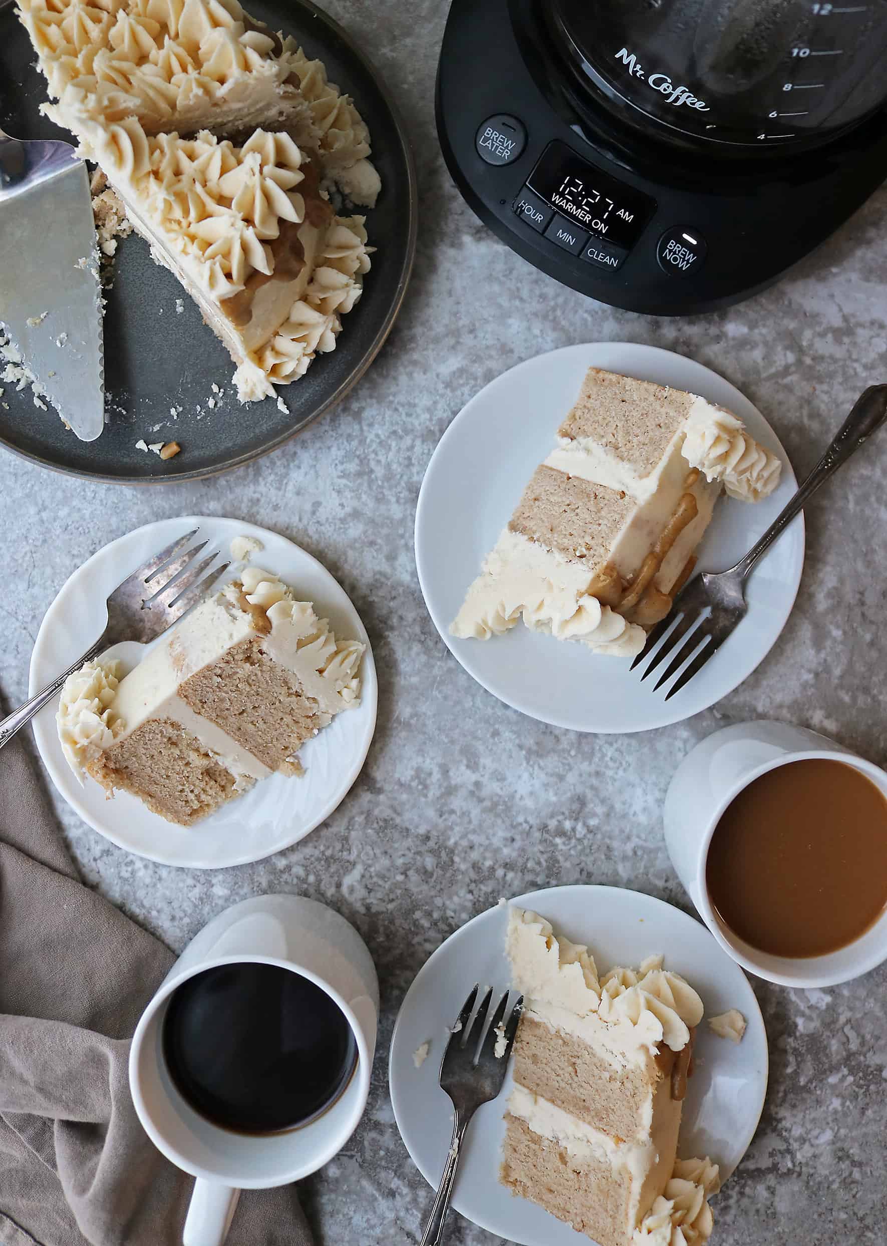 Delicious Pumpkin Spice Cake with maple brown sugar icing And coffee