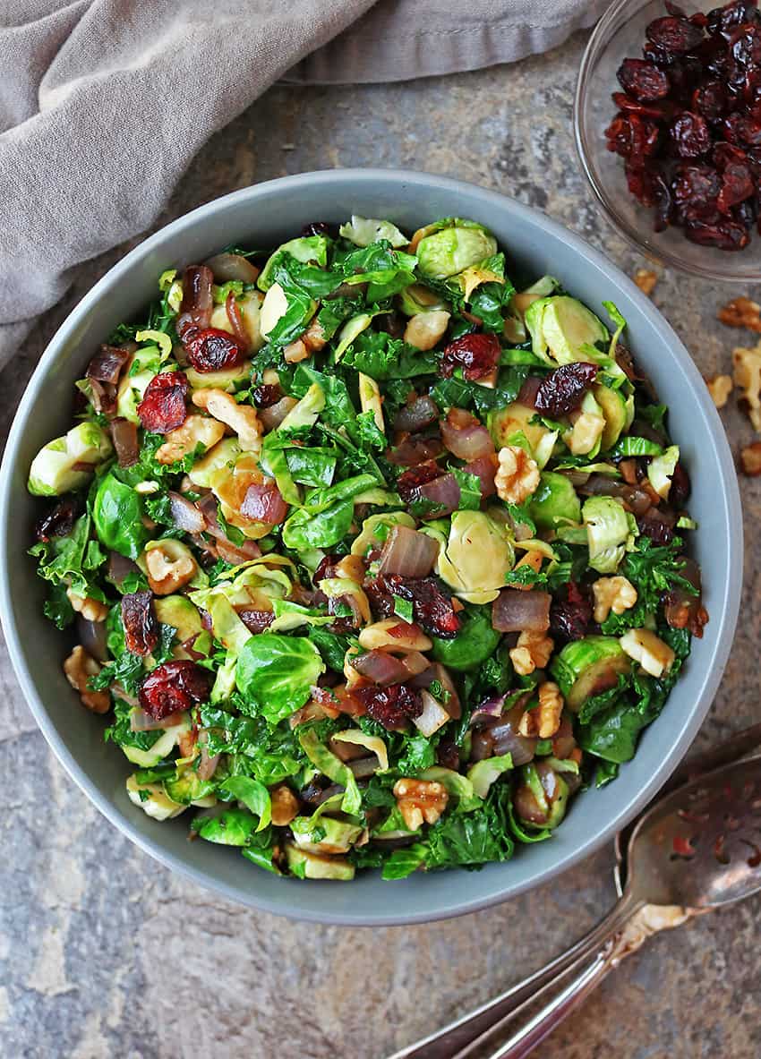 Healthy Holiday Brussels Sprouts Kale Saute With Cranberries and Walnuts