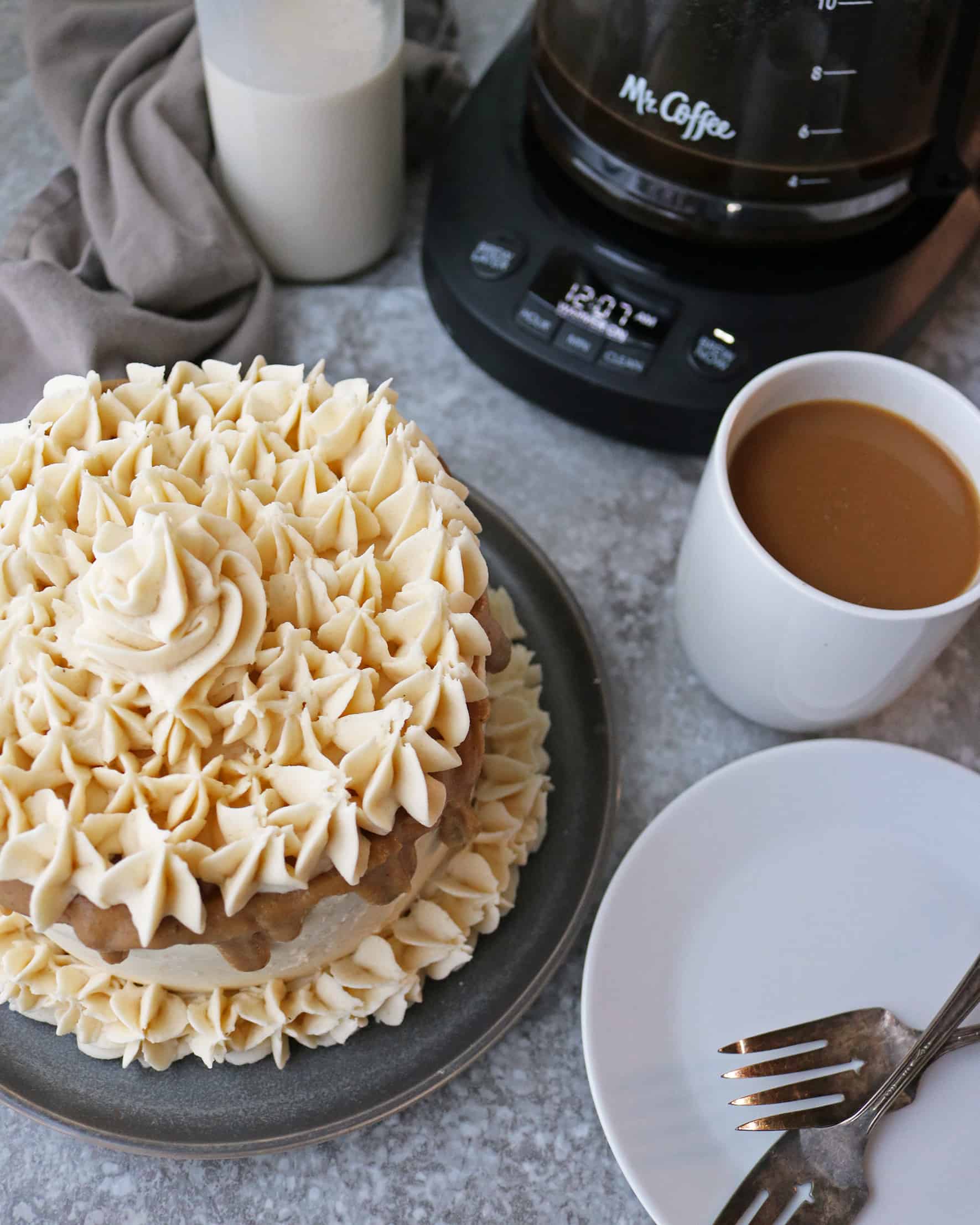 Pumpkin Spice Cake with maple brown sugar icing and coffee