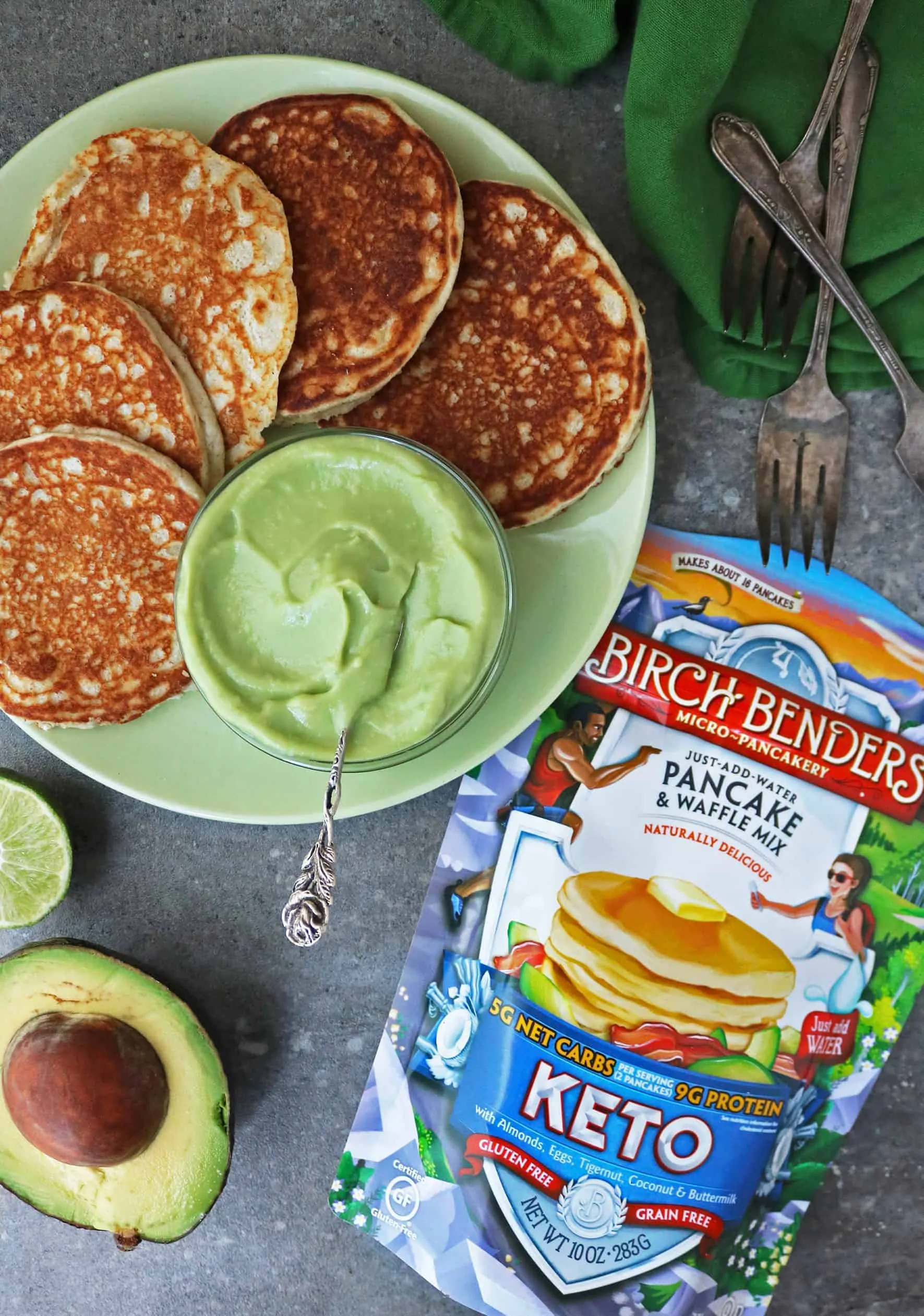 plate of Birch Benders Keto Waffles Withbowl of Sweet Keto Avocado Cream