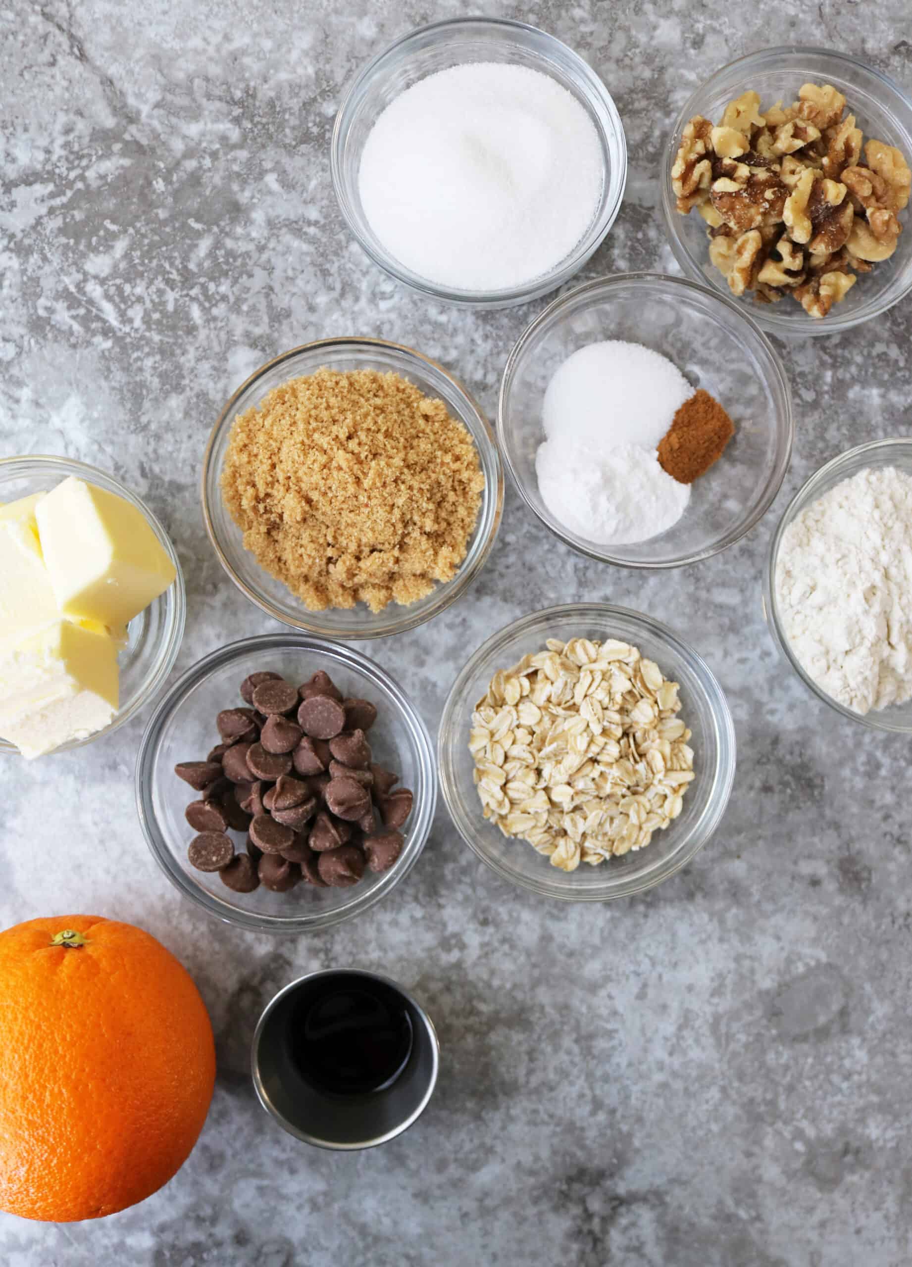 Image of all the ingredients needed to make chocolate chip cookies with orange.