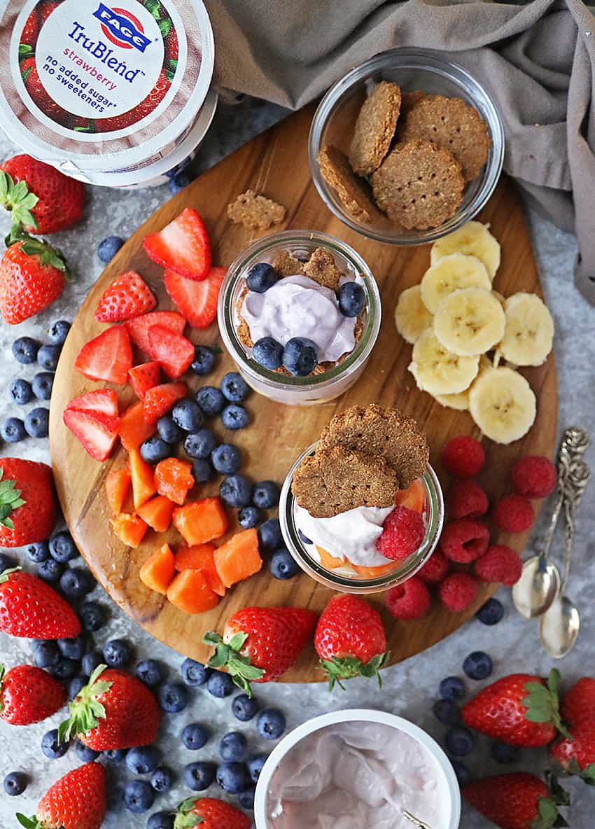 Fruit & Cracker Snacks With Fage TruBlend on a platter