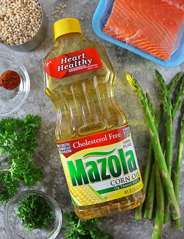 Heart Healthy Mazola Corn Oil with ingredients for dinner