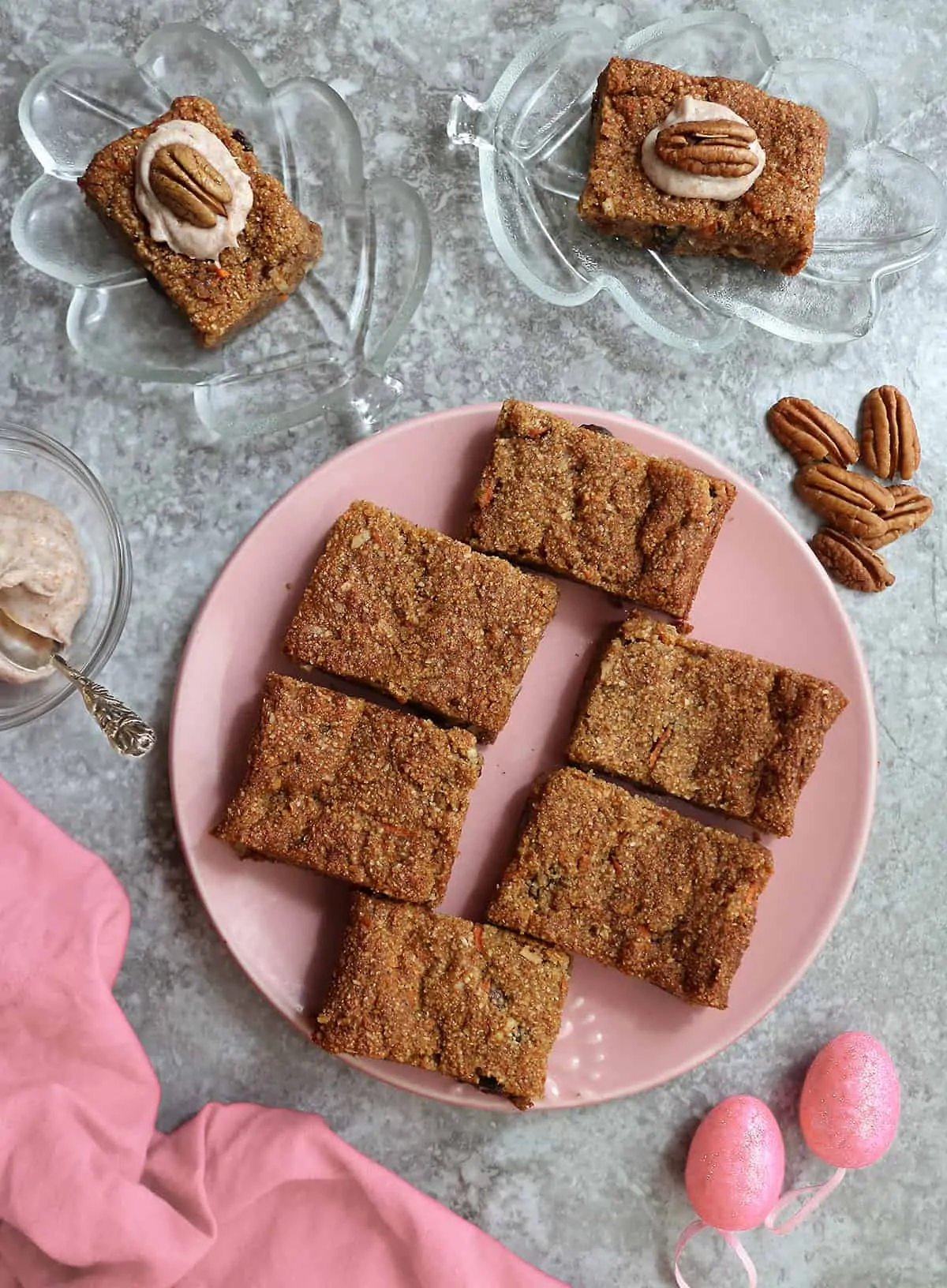 a plate of Gluten-free Dairy-free paleo carrot cake bars for Easter.