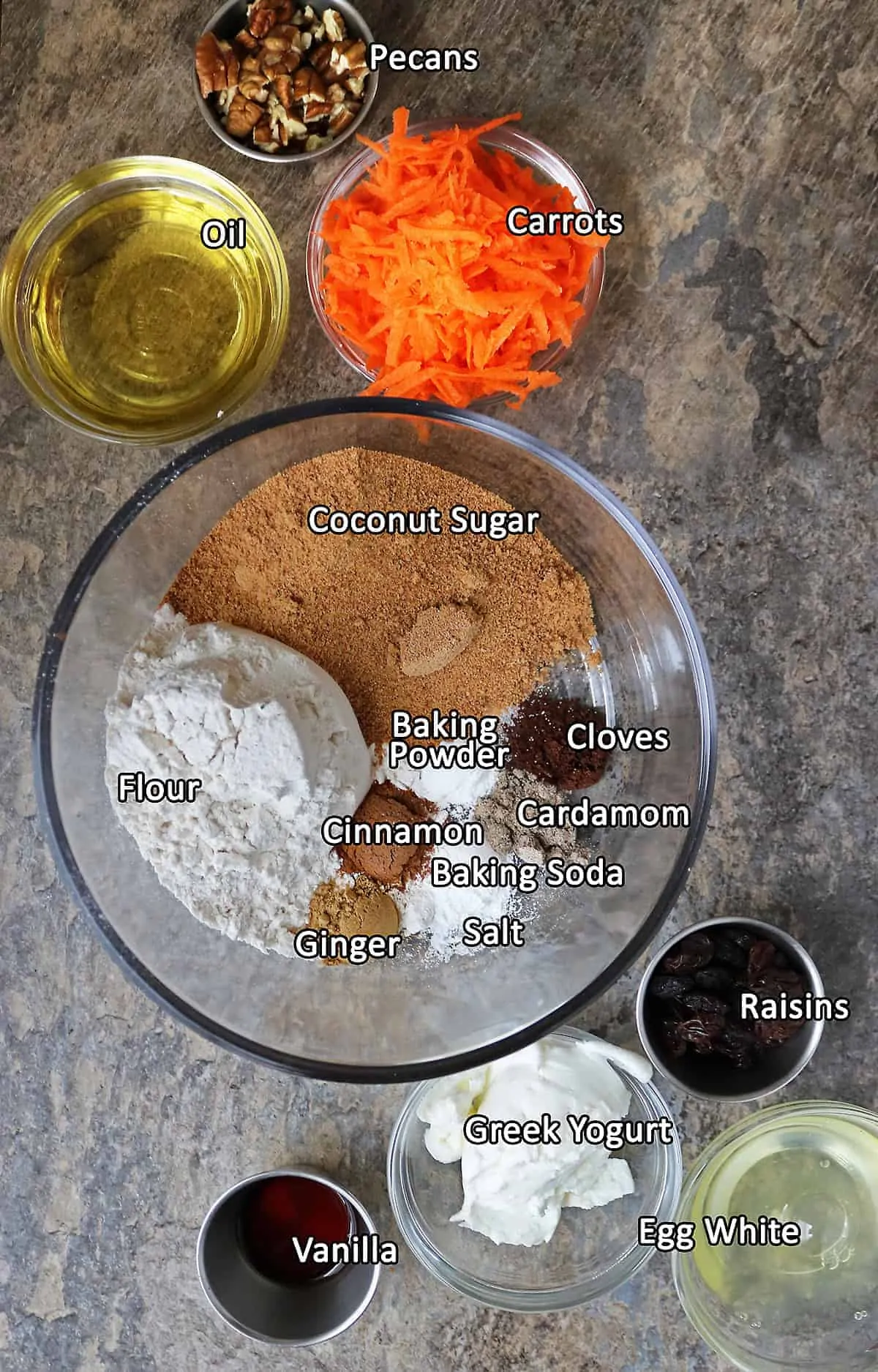 All the Ingredients to make carrot cake cupcakes