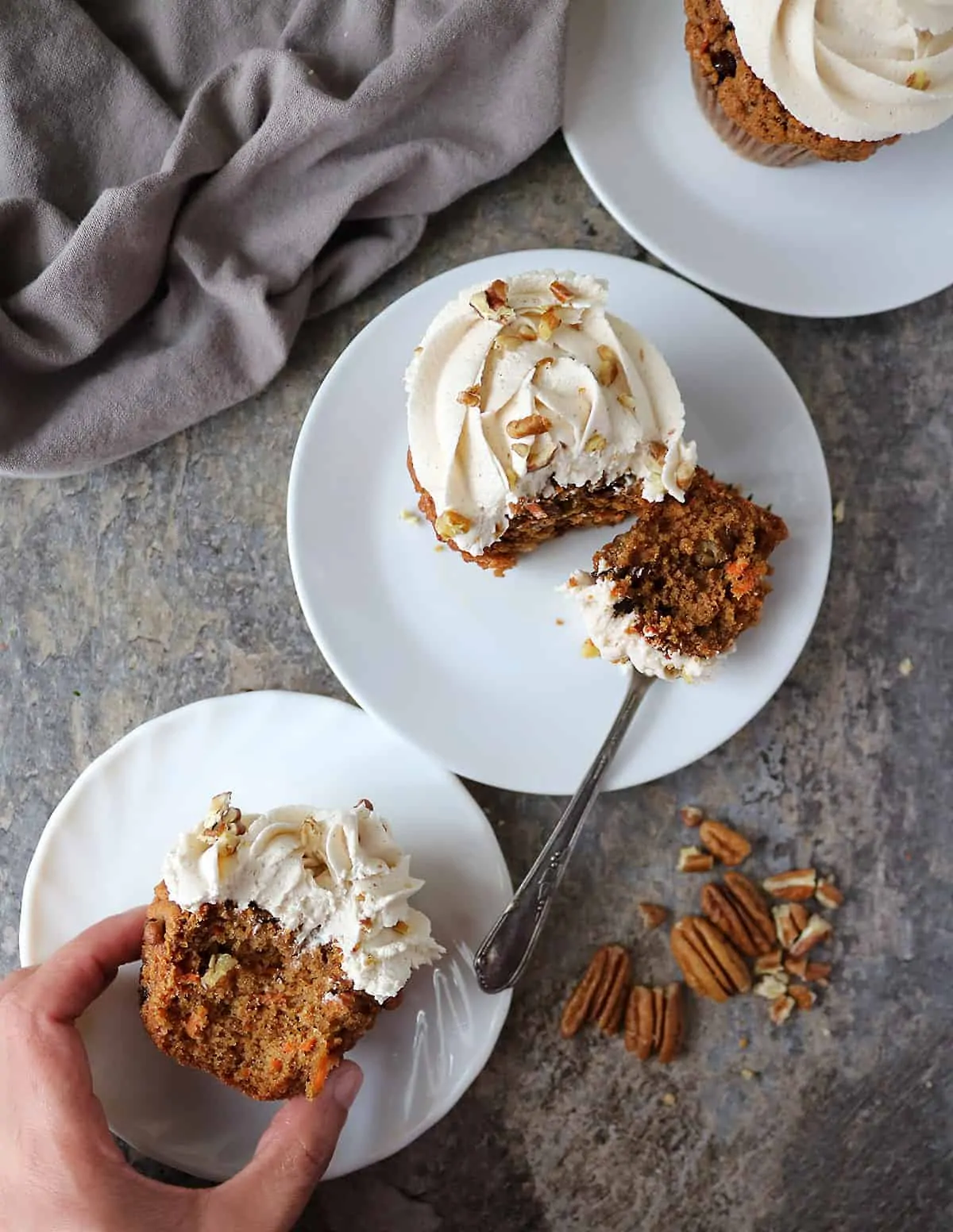 Mmoist and delicious, Easy Carrot Cake Cupcakes on plates.
