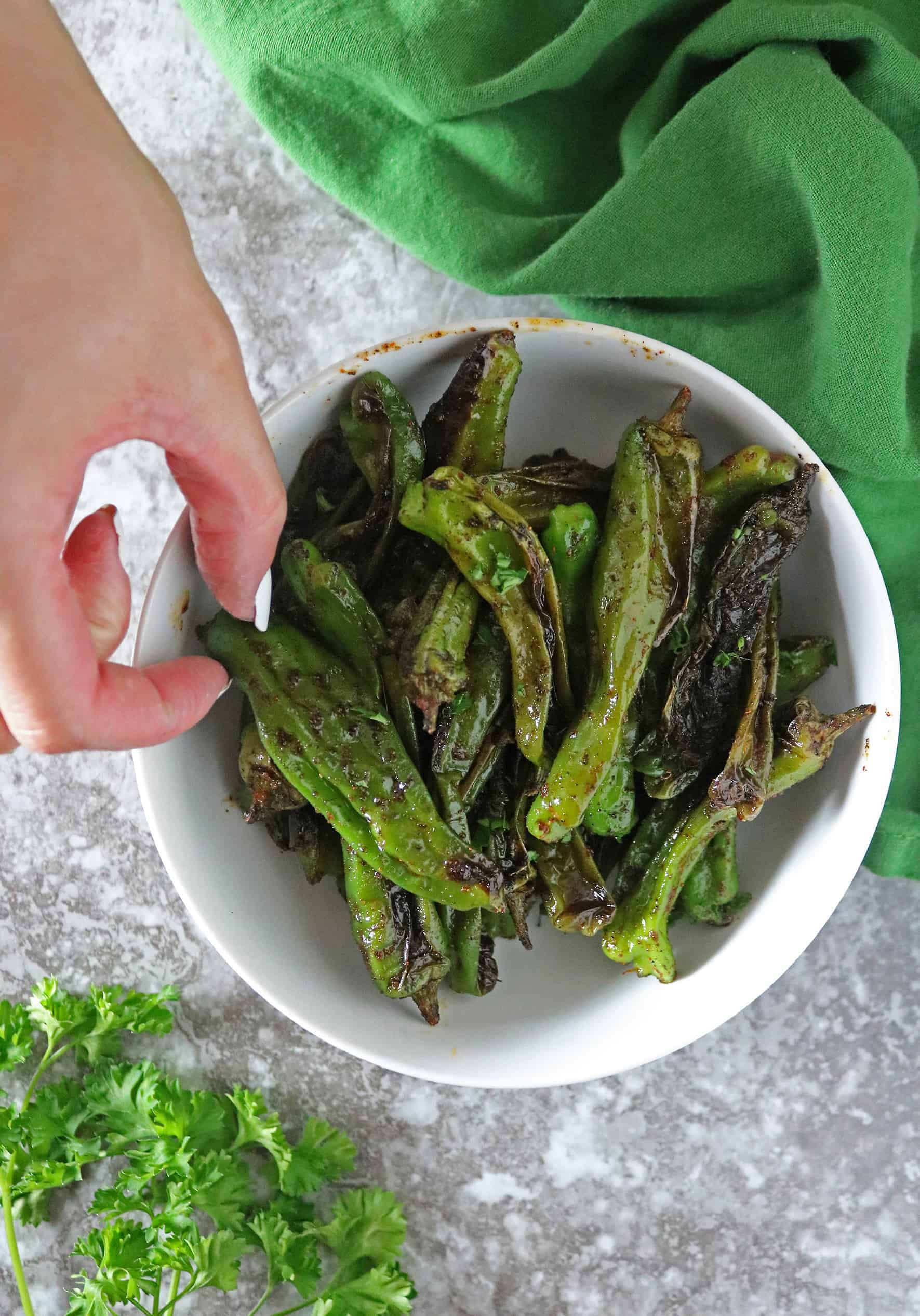 Hard to resist Shishito Peppers for Veggie Burger Pasta Bowls.