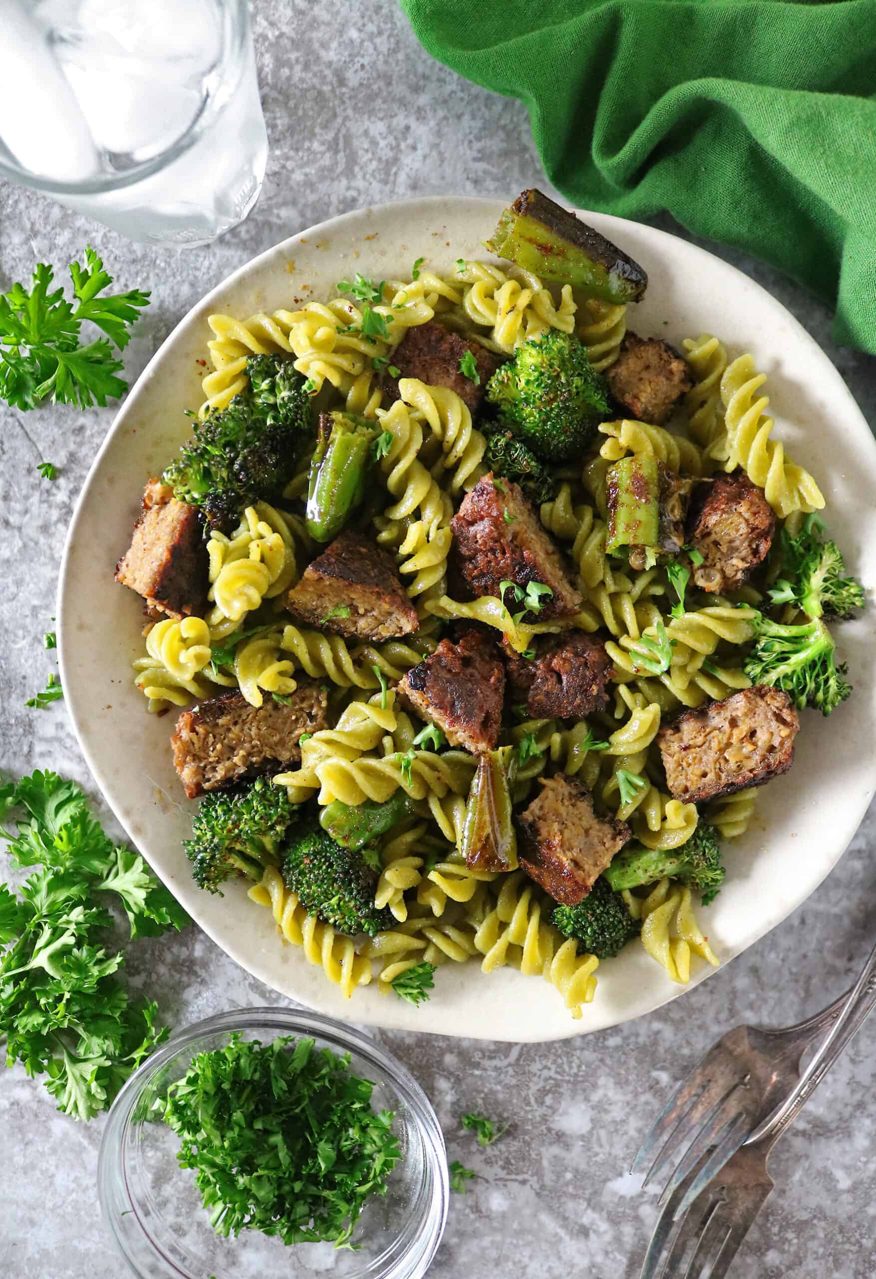 Plate with Sprouts Beyond Burger Pasta Salad