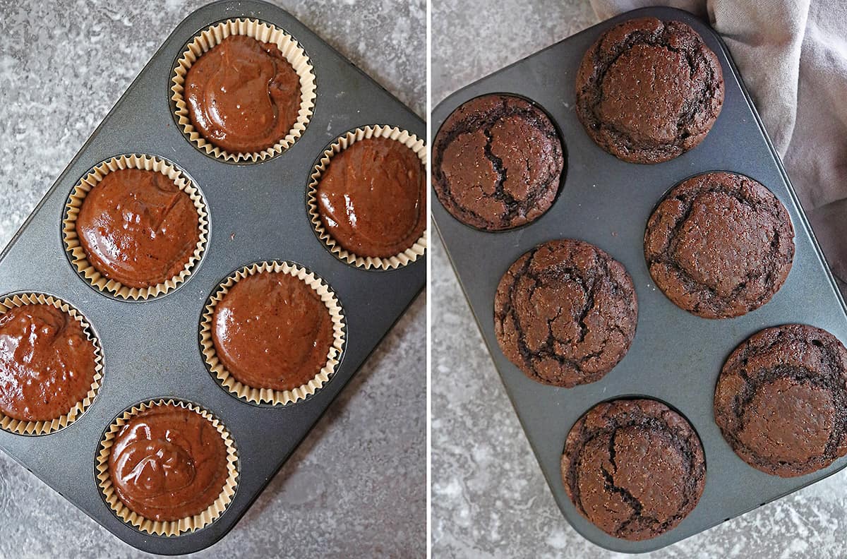 Before and after baking vegan chocolate cupcakes