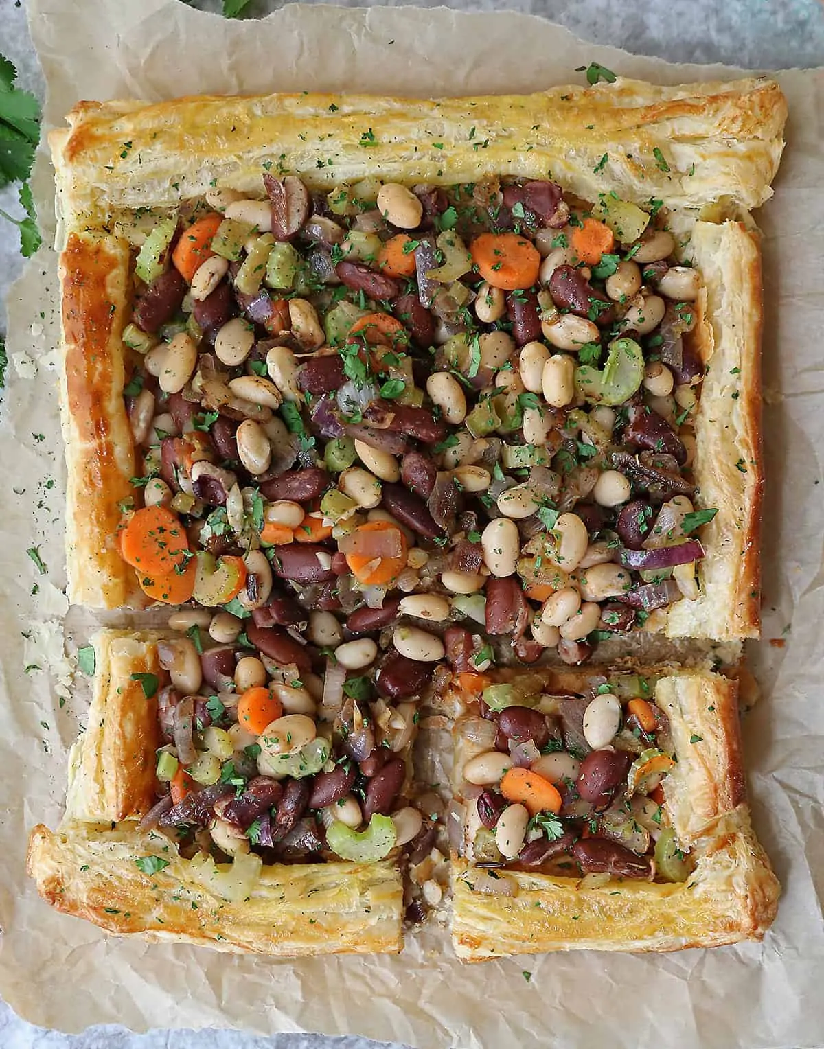 Flaky bean pie with puff pastry.