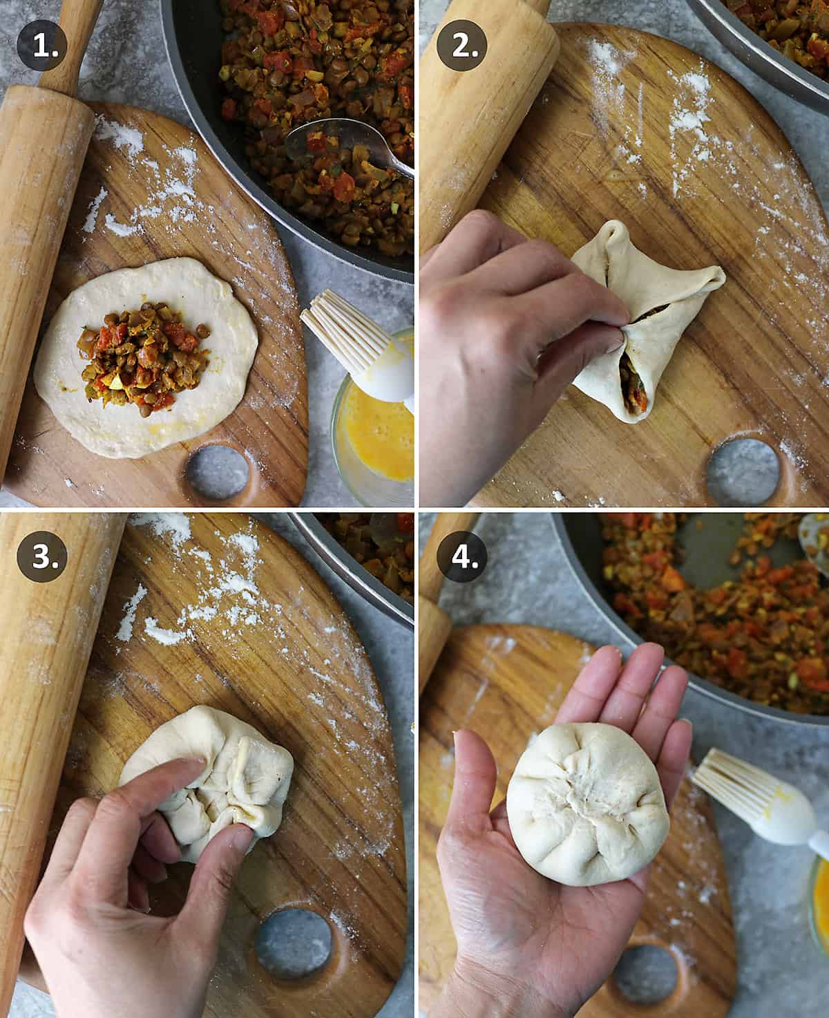 4 steps on How to stuff biscuit dough with lentil filling