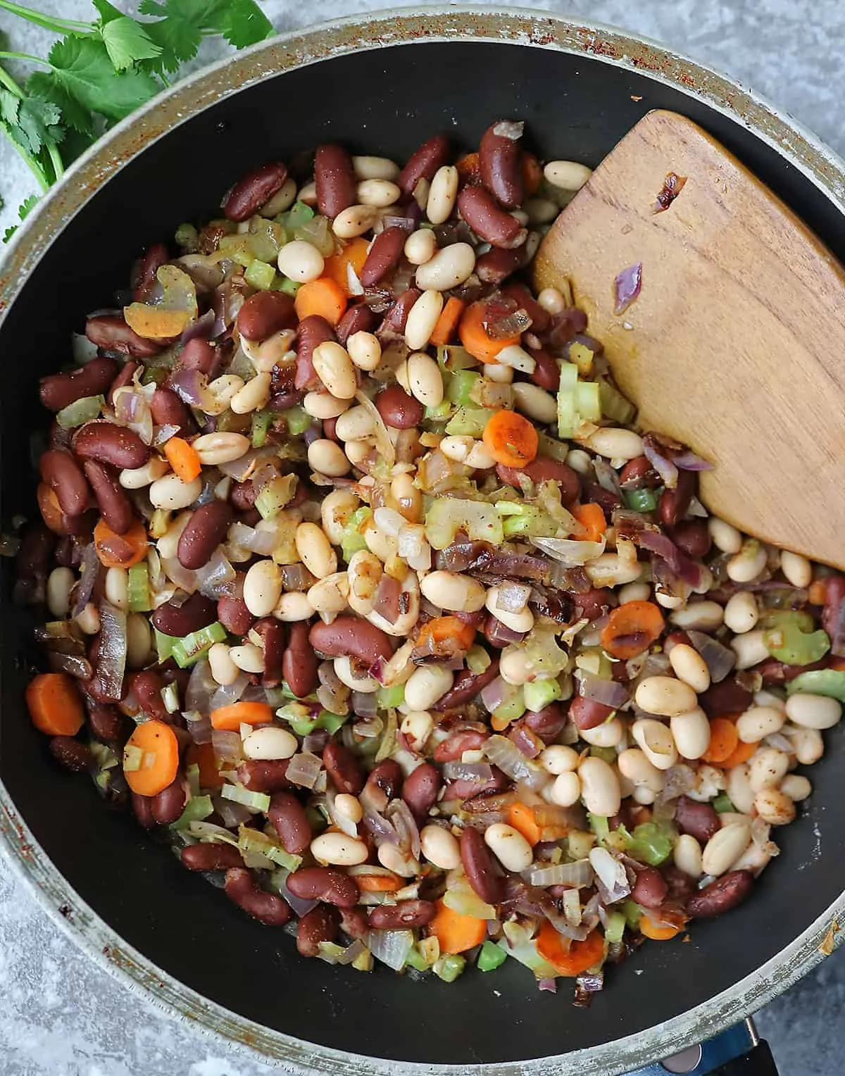 Making the filling for bean pie with puff pastry