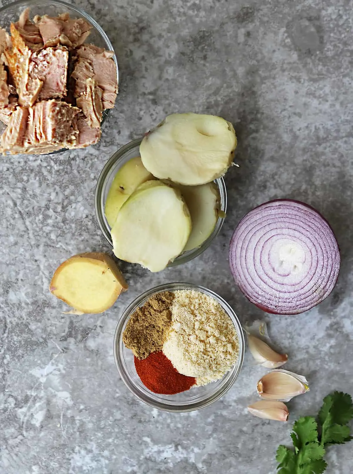 ingredients for salmon croquette recipe on board.