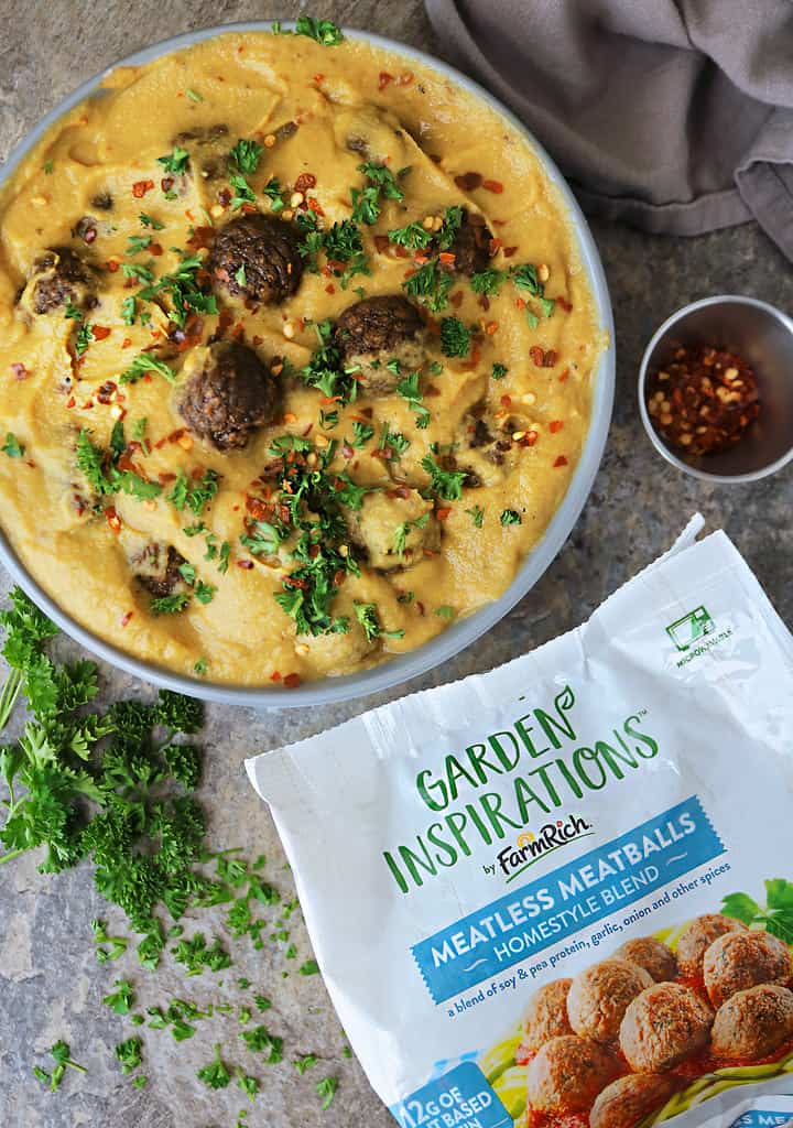 Spicy Cauliflower Sauce with A package of Farm Rich Garden Inspirations-Meatless Meatballs