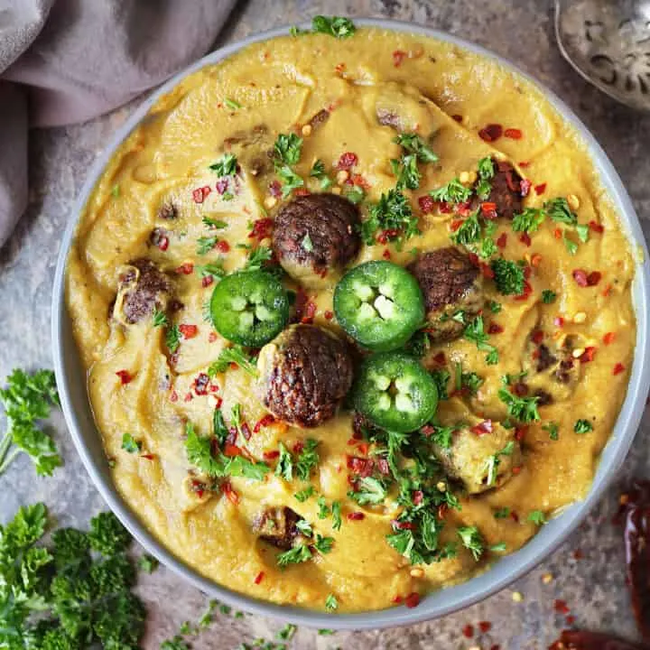 Spicy Cauliflower -Sauce with Meatless Meatballs an easy Plant based dinner.