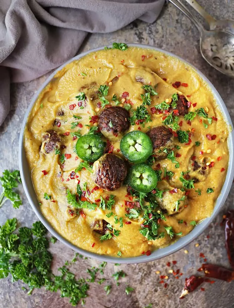 Spicy Cauliflower -Sauce with Meatless Meatballs an easy Plant based dinner.