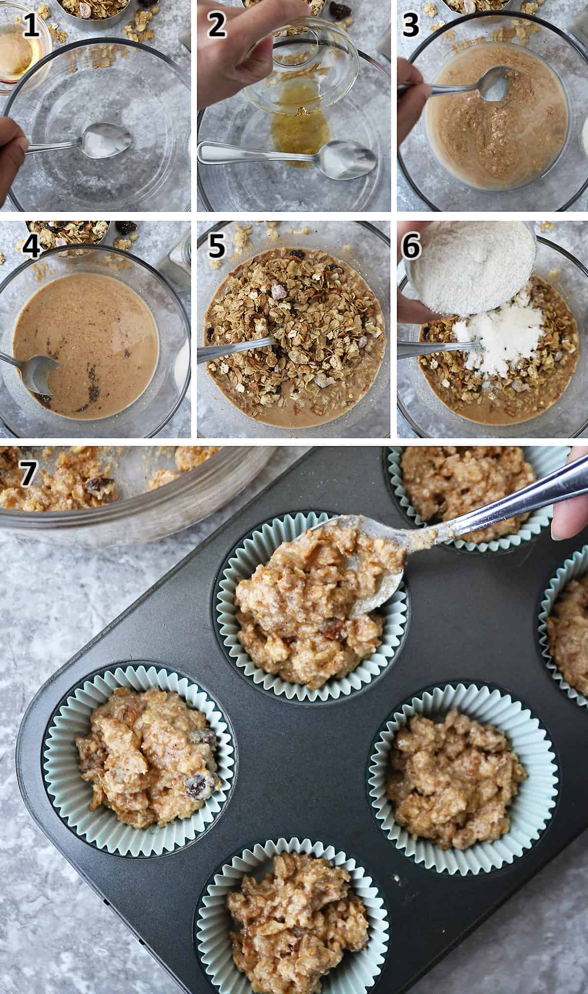 7 steps showing how to make no-bake cereal cookies