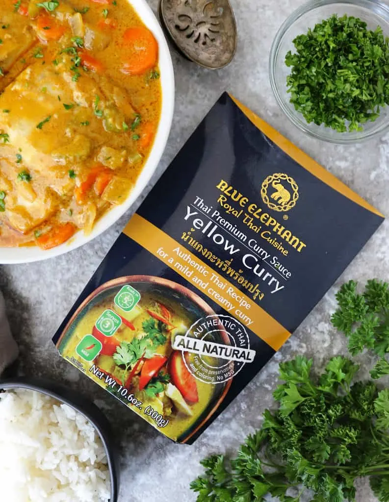 package of Blue Elephant Yellow Curry Sauce with thai yellow with Mahi Mahi