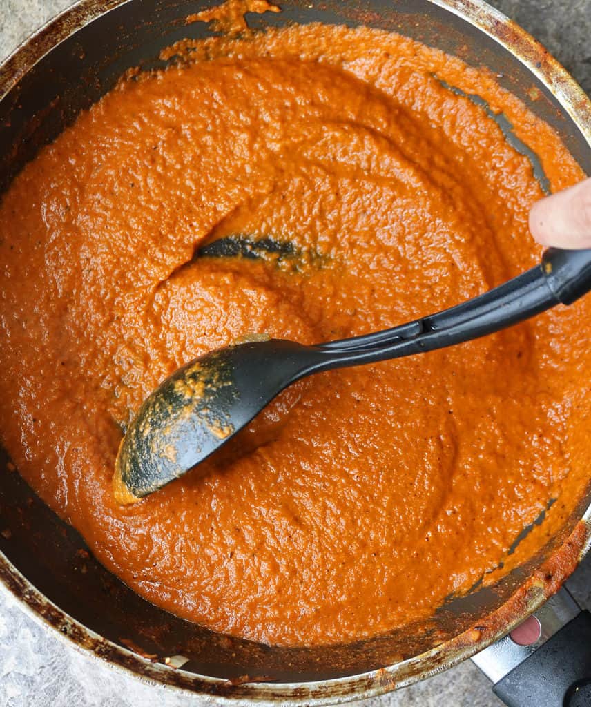 pan with creamy vegan curry sauce for jackfruit curry