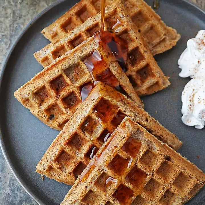 Plate of tasty 11-ingredient, glyten free and eggless waffles.