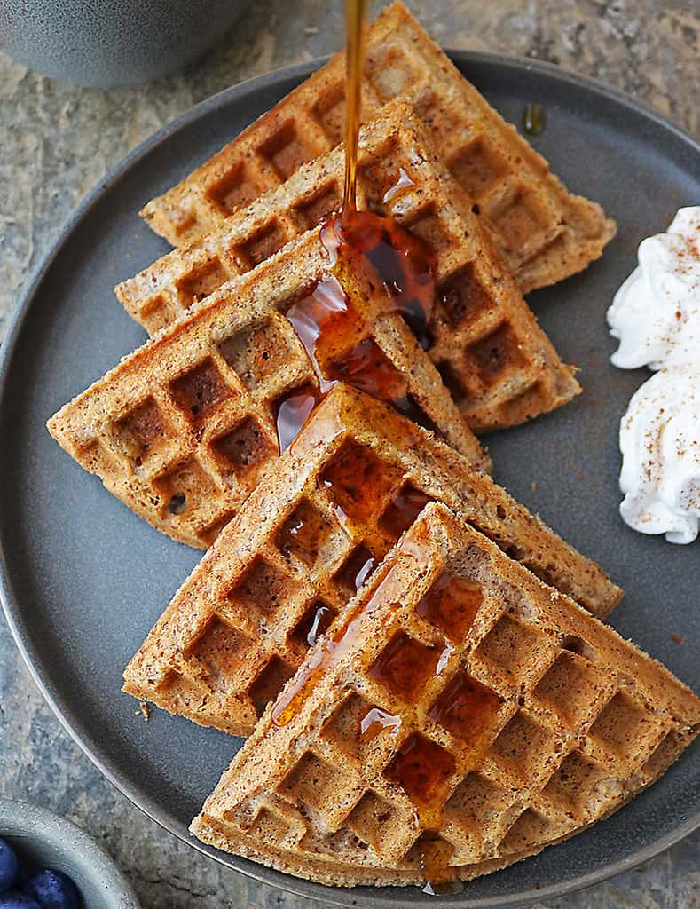 Plate of tasty 11-ingredient, glyten free and eggless waffles.