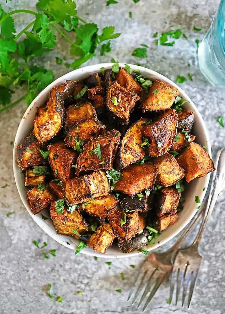 bowl with Easy sheet pan eggplant.