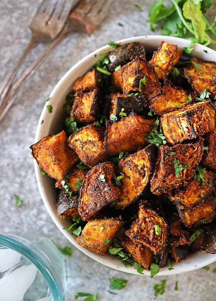Bowl of easy well spiced roasted eggplant