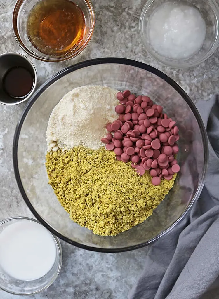 Ingredients to make no-bake pistachio cookies with ruby chocolate.