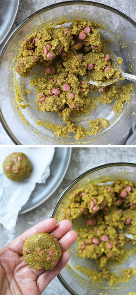 Collage of 2 images showing the Making no-bake pistachio cookies with ruby chocolate.