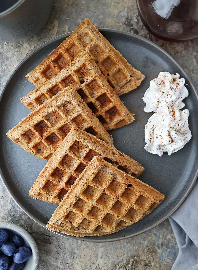 Plate of Tasty Plant Based Waffles made without eggs and with blueberries.