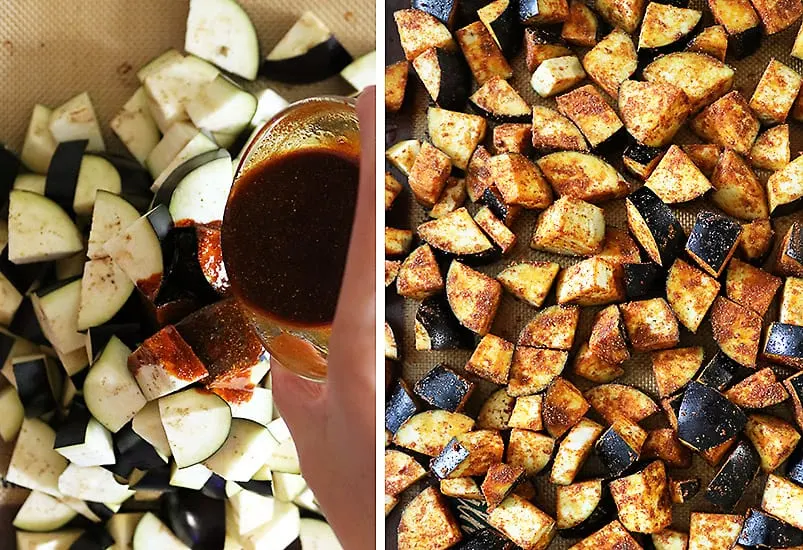 Tossing eggplant with sauce and preparing it to bake.